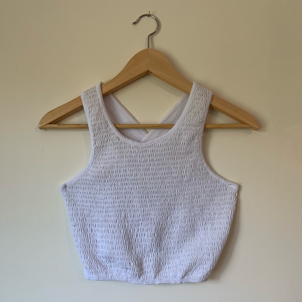 Smocked Halter Crop Tank Top with Crossed Back